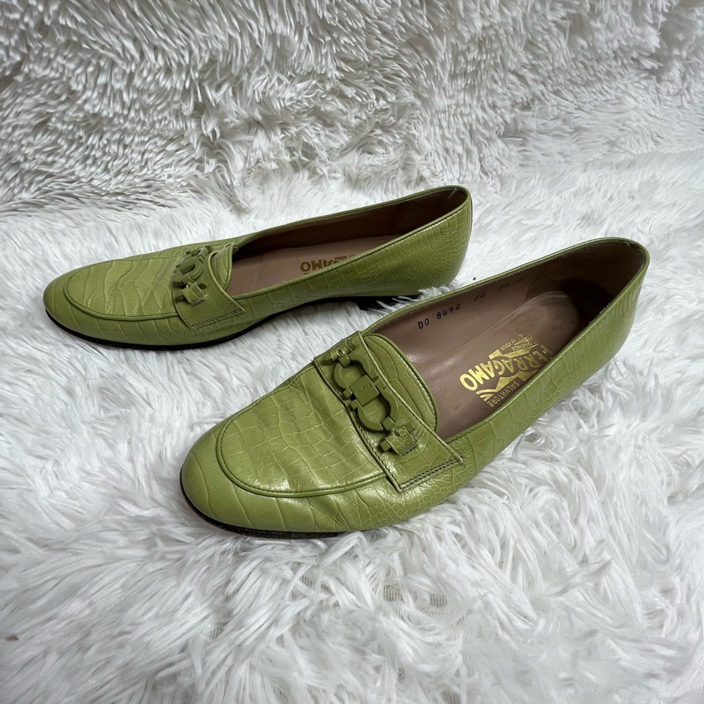 Salvatore Ferragamo Olive Green Croc-Embossed Leather Loafers with Bit Detail